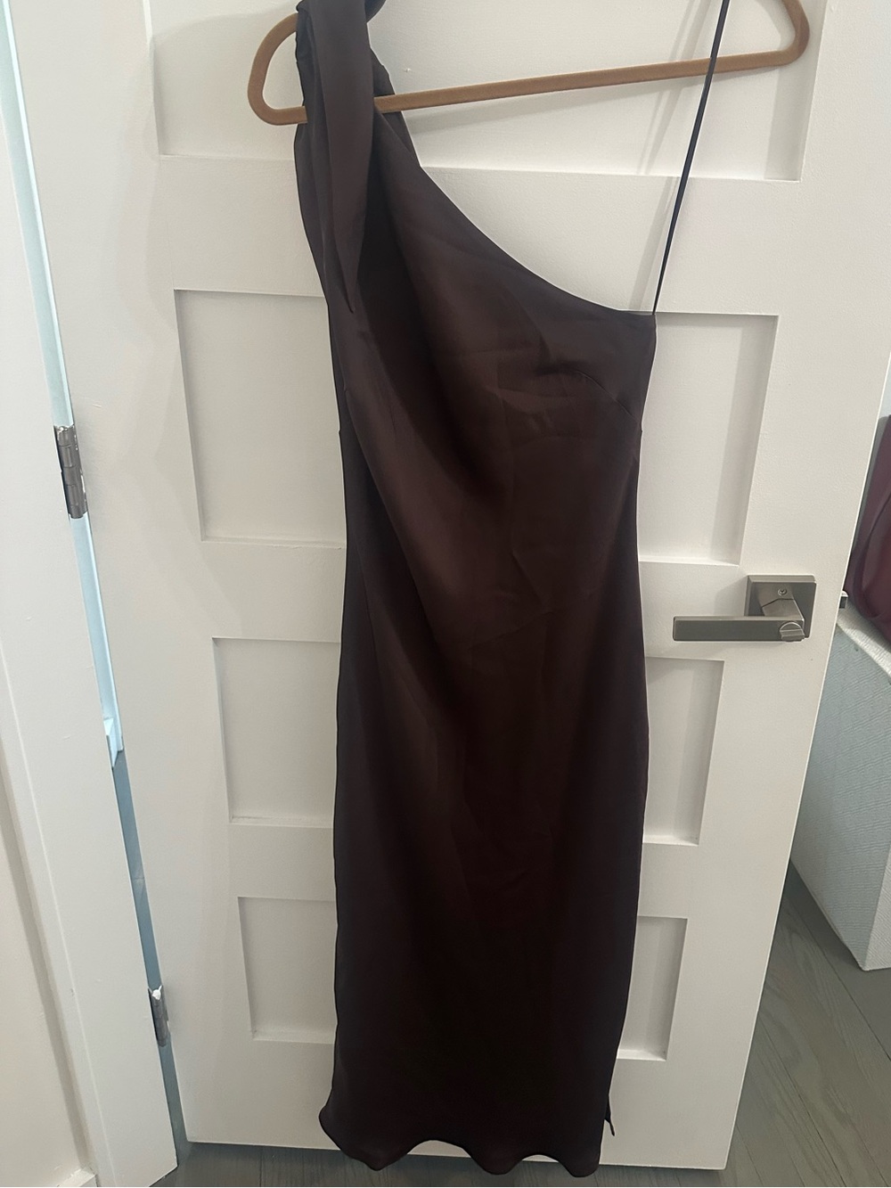 Aritzia One-Shoulder Brown Silk Slip Dress - Picture 5 of 6